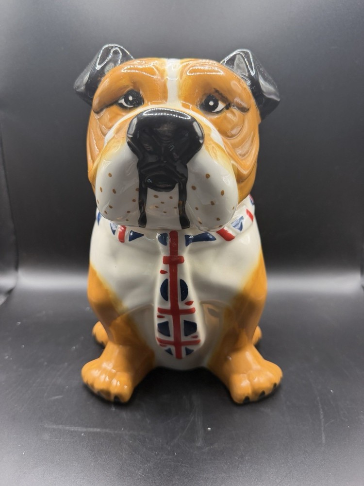 English Bulldog With Union Jack Tie Dog Cookie Jar UK Ceramic 9.25” Treat Jar