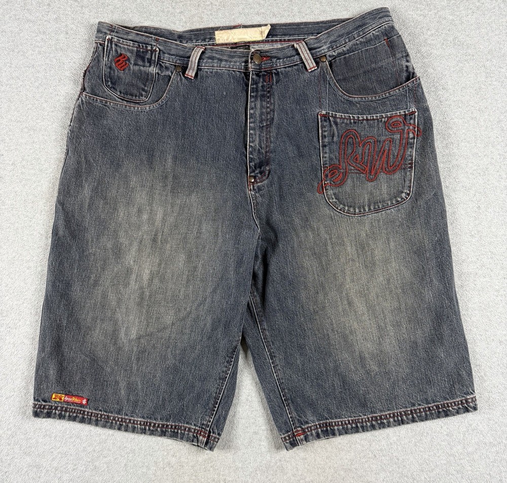 Vintage Rocawear Jean Shorts Denim Baggy Embroidered Hip Hop Y2K Size 42 Jorts