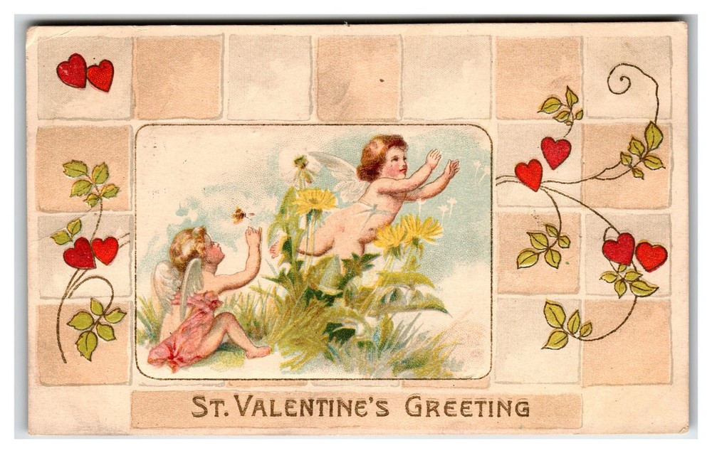 Antique 1913 St. Valentine's Day Postcard Cherubs & Hearts