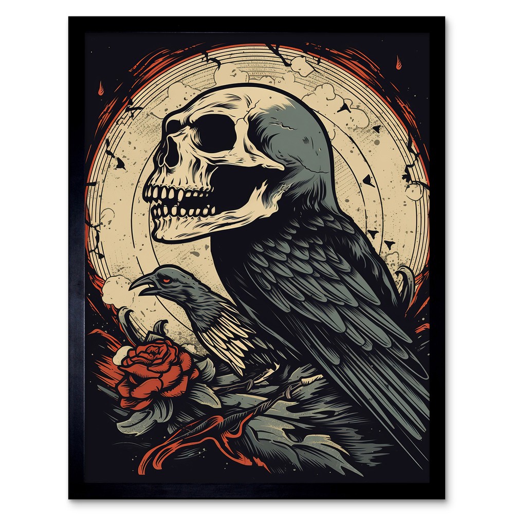 Raven Human Skull Old School Tattoo Rockabilly 50s Framed Print Wall Art 12x16