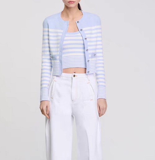 Women Sandro Round Neck Striped Knit Tank Top / Long Sleeve Coat