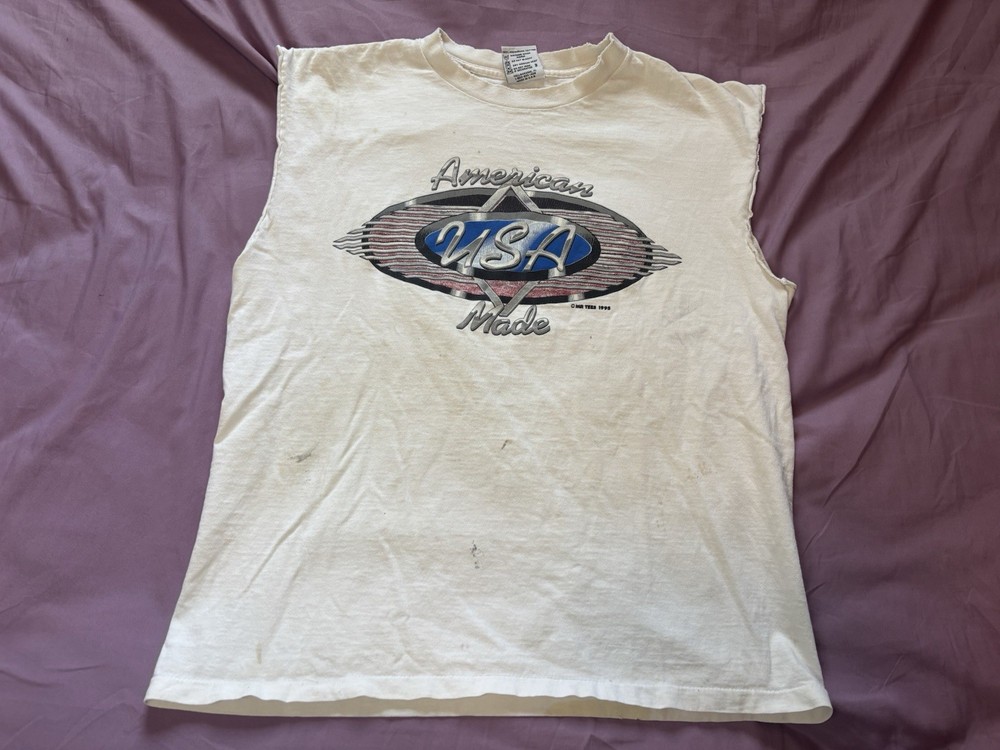 Vintage American Made USA Shirt Mens Large White Cut Off Sleeveless Imprinted