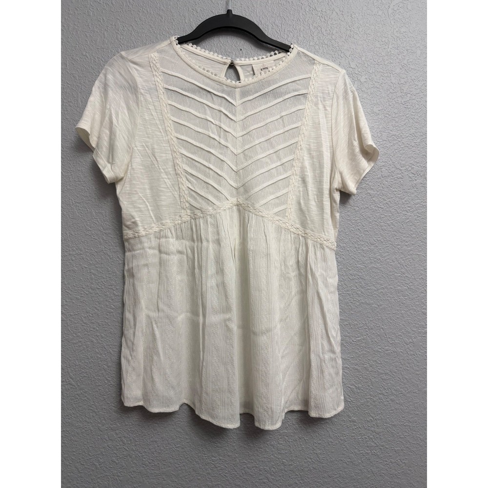 Knox Rose XS White Boho Babydoll Top Short Sleeve Lace Trim Crochet Flaw