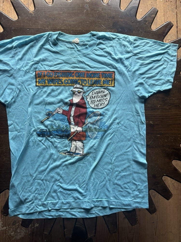 Fishing T-Shirt Men XL Blue VTG 80s 90s Funny Graphic Crewneck Single Stitch