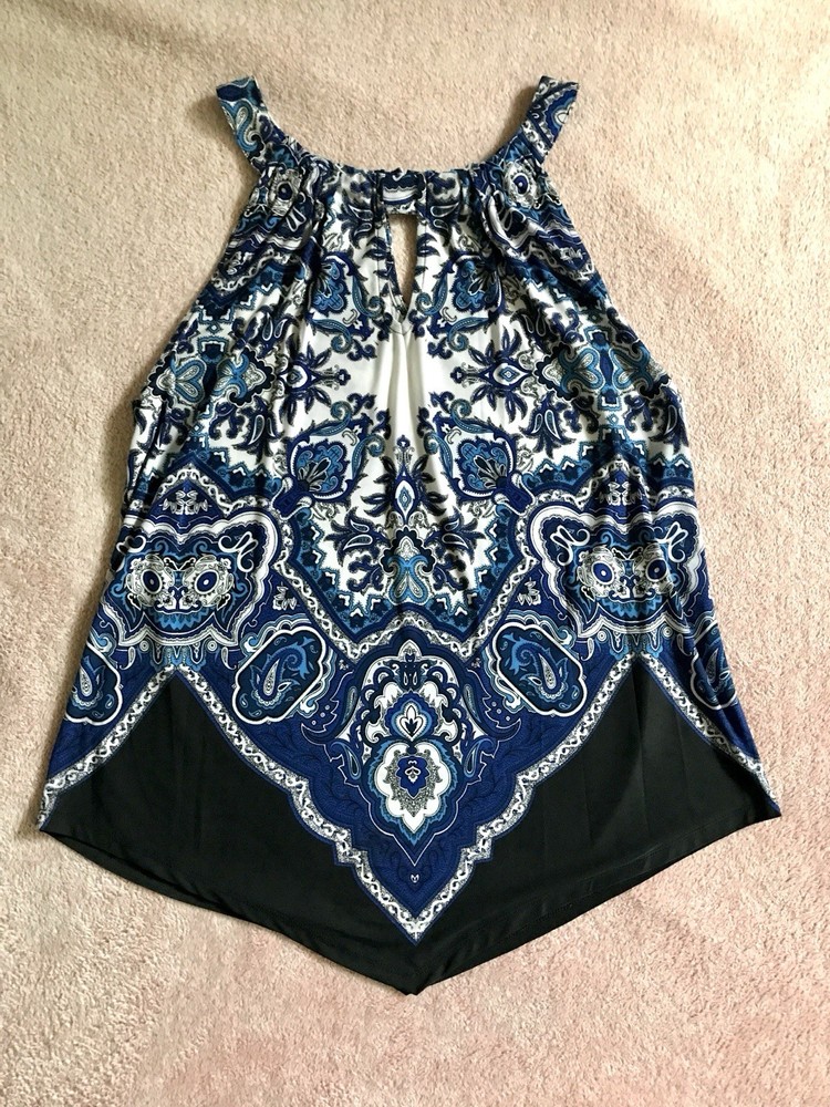Women’s XL INC International Concepts Halter Top Blue Paisley Blouse Asymmetric