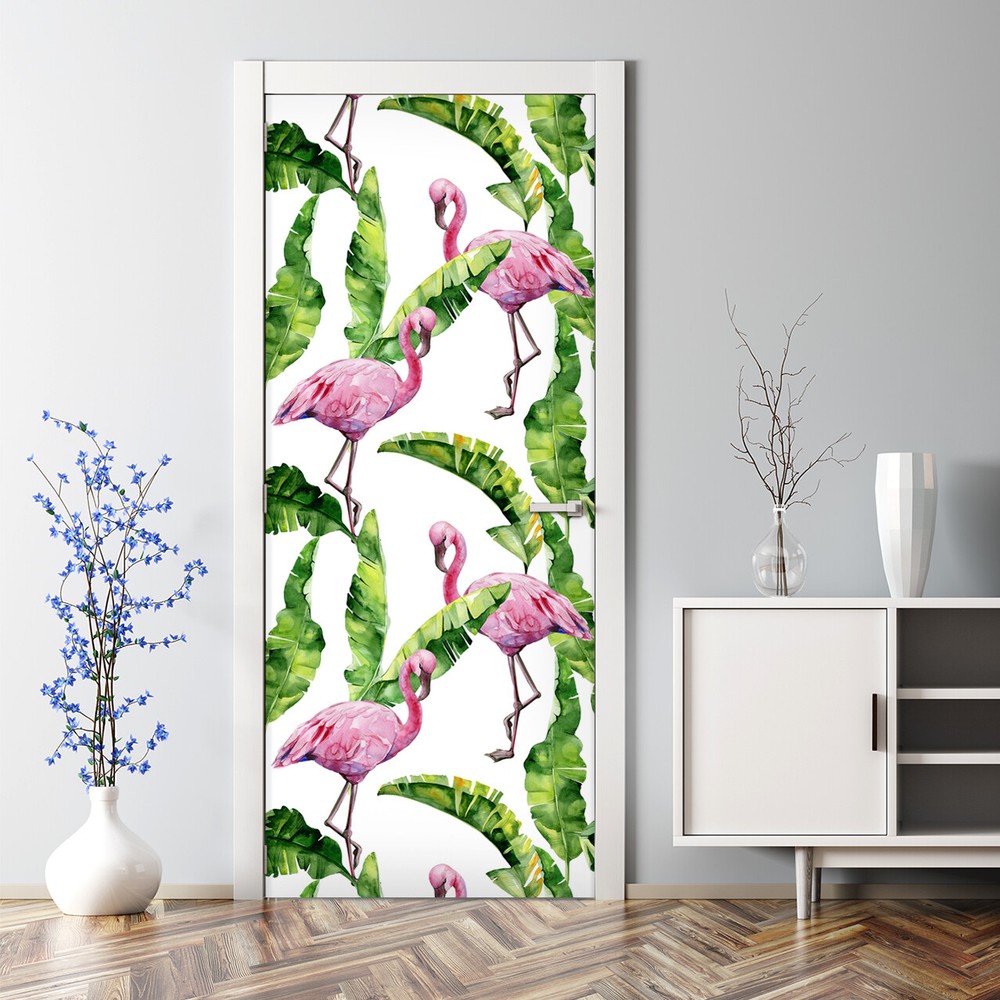 Flamingo and Tropical Leaves Watercolor Feminine Bubble-Free Door Sticker
