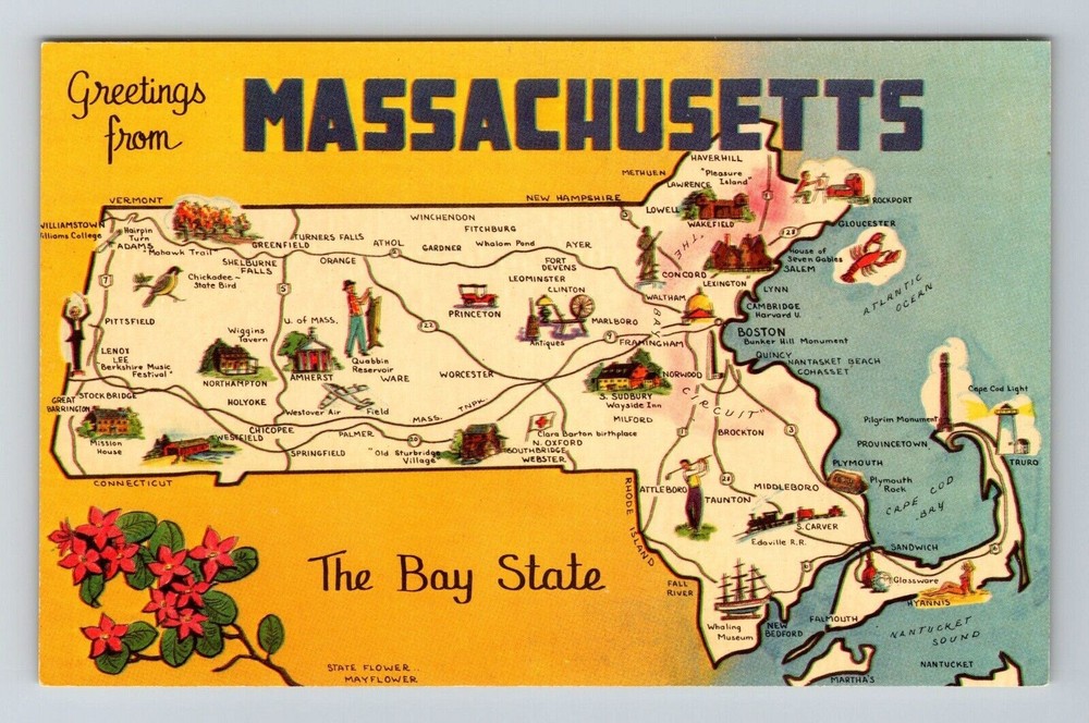 MA-Massachusetts, Scenic Map Greetings, Landmarks, Bay State, Vintage Postcard