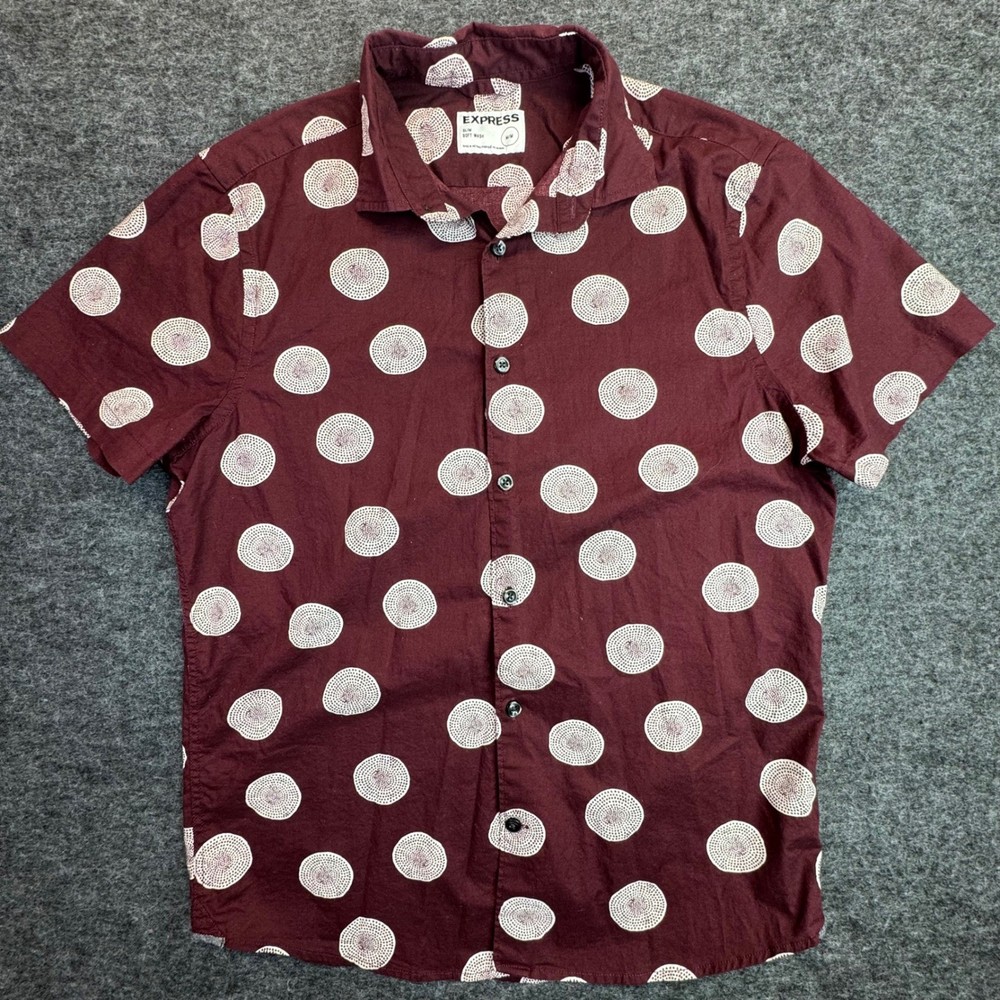 Express Button Down Shirt Mens M Burgundy Polka Dot Slim Soft Wash Short Sleeve