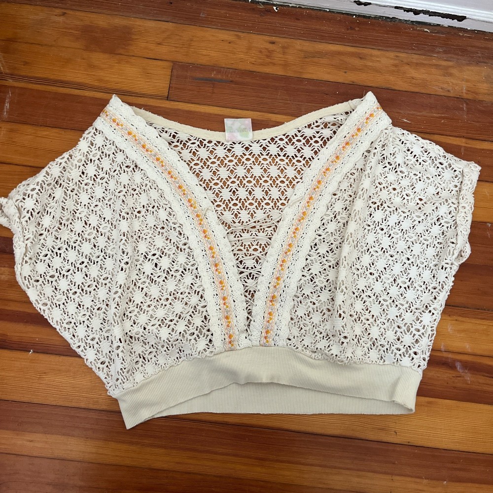 Free People Ivory Cotton Blend Crochet Sheer V Neck SS Crop Top Womens Size XS