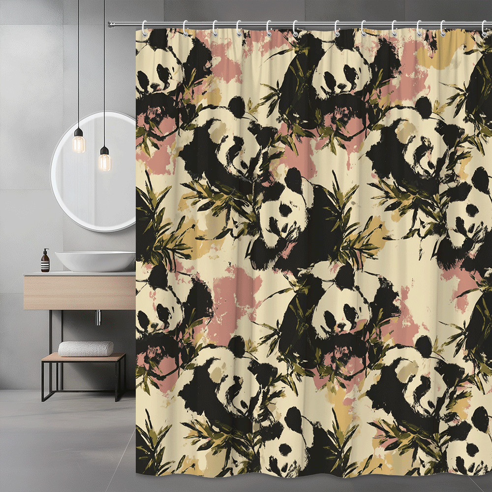 Panda Floral Shower Curtain Black Pink Beige Print