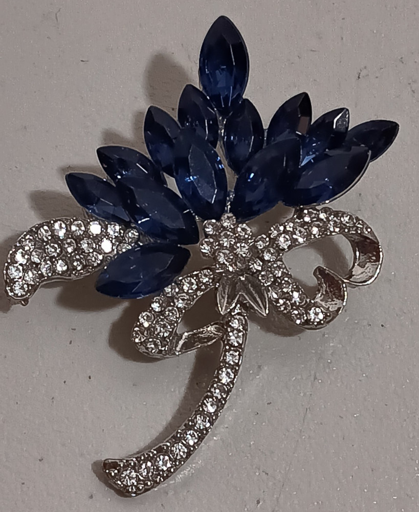 Flower Brooch Bouquet Embellished In Sapphire Blue & Clear Crystals