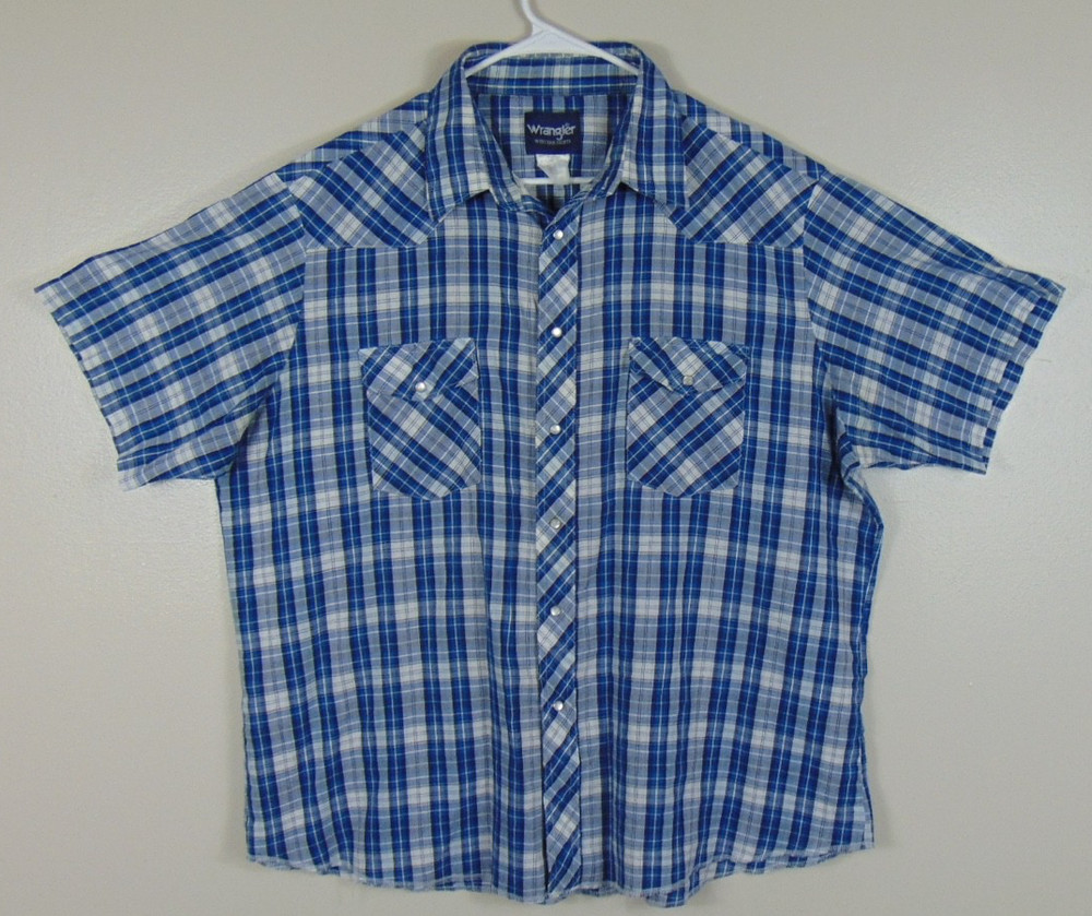 Wrangler Western Shirt Mens XXL Blue White Short Sleeve Pearl Snap Cowboy 2XL