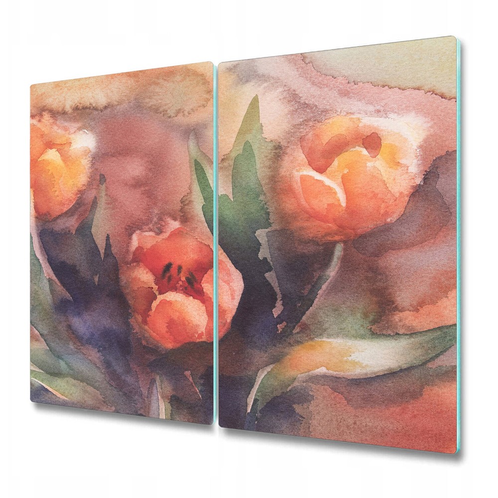 Glass Worktop Saver Red Tulips Watercolour Floral Bouquet Garden Painting
