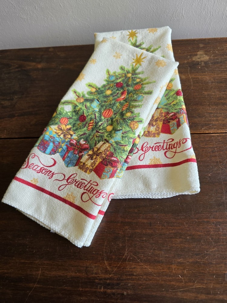 Set Of 2 Kitchen Hand Towels Christmas Tree 