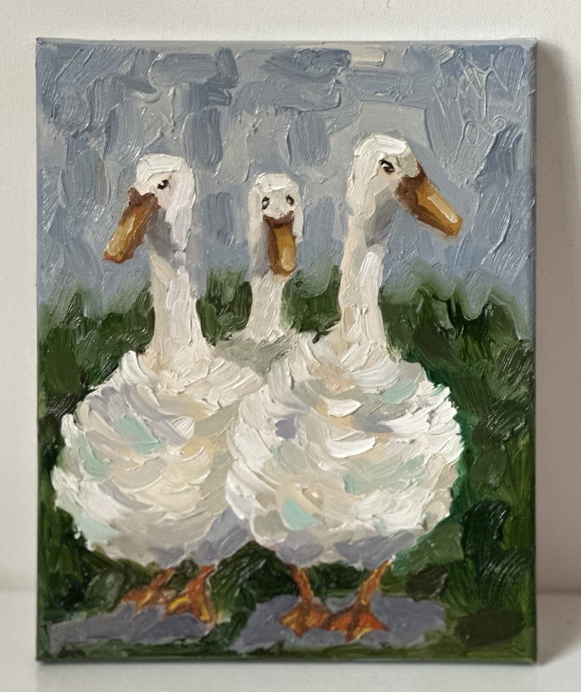 White Goose Original Impressionist Oil Painting Three White Ducks Animal Art
