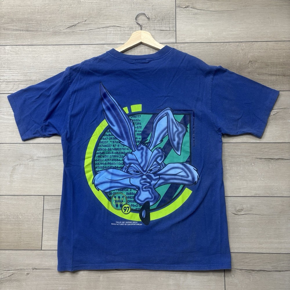 Vintage 1996 Wile E Coyote Looney Tunes Blue T-Shirt Warner Bros Size L Cartoon