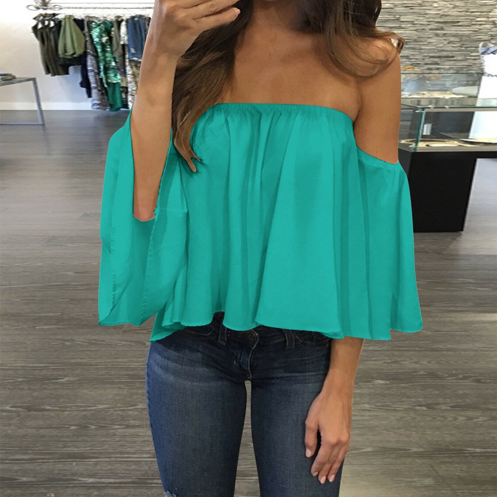 Womens Casual Summer Off Shoulder Chiffon Blouse Ruffles Short Sleeves Sexy Tops