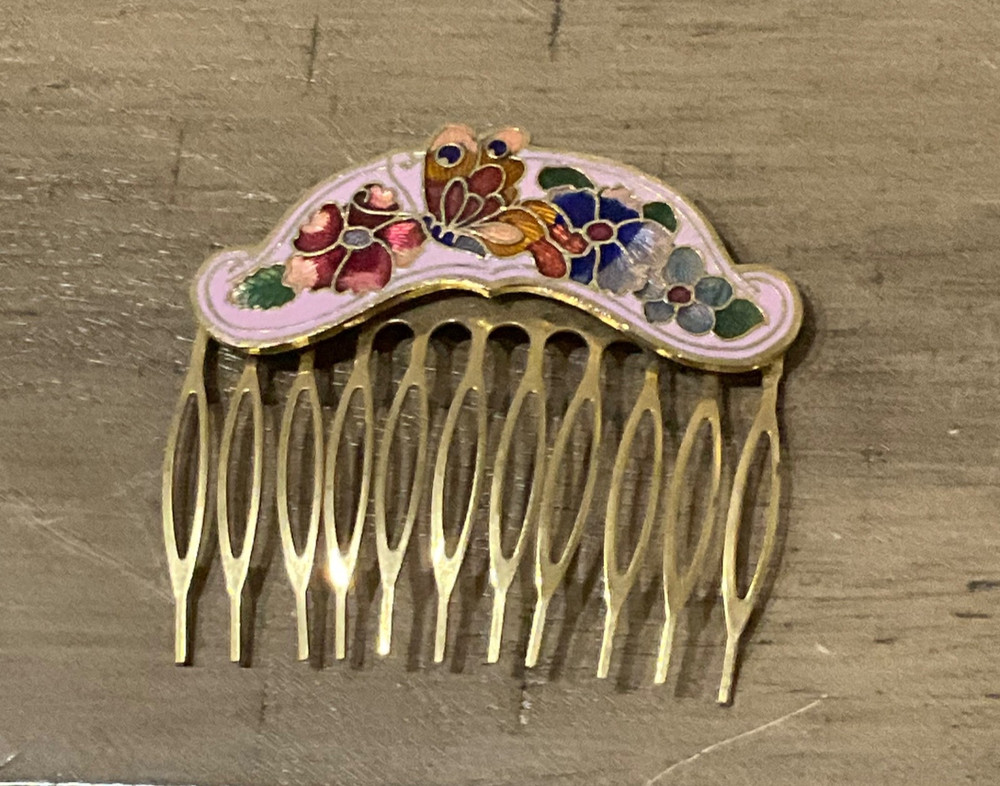 Vintage Cloisonné Hair Comb Goldtone  Pink  Enamel Butterfly Floral Pretty!
