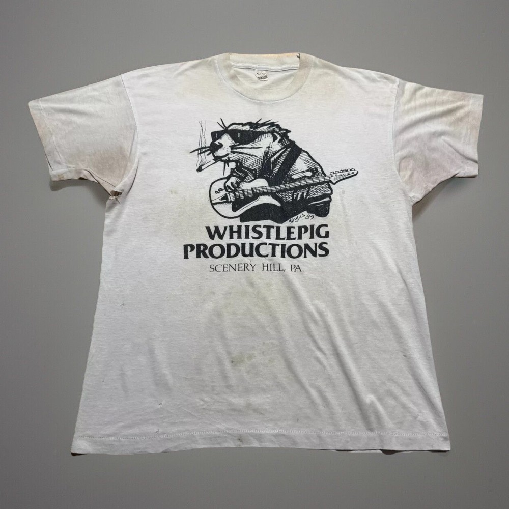 Vintage 80s Thrashed Whistle Pig Productions Grunge Rock Smoking Guitar Shirt XL