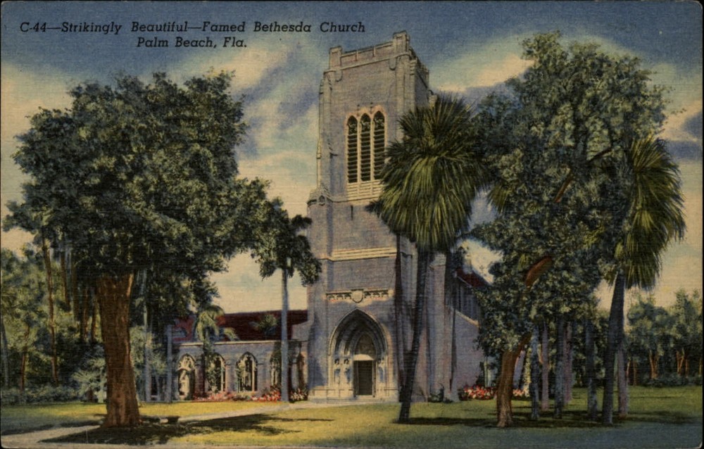Palm Beach Florida Bethesda Church stained glass ~ 1940s linen postcard