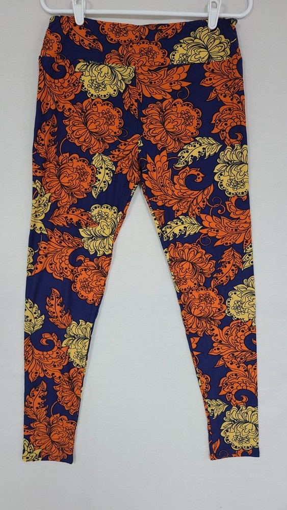LuLaRoe TC Tall-Curvy Leggings Blue/Orange Floral Leaves Print Pattern (A5)