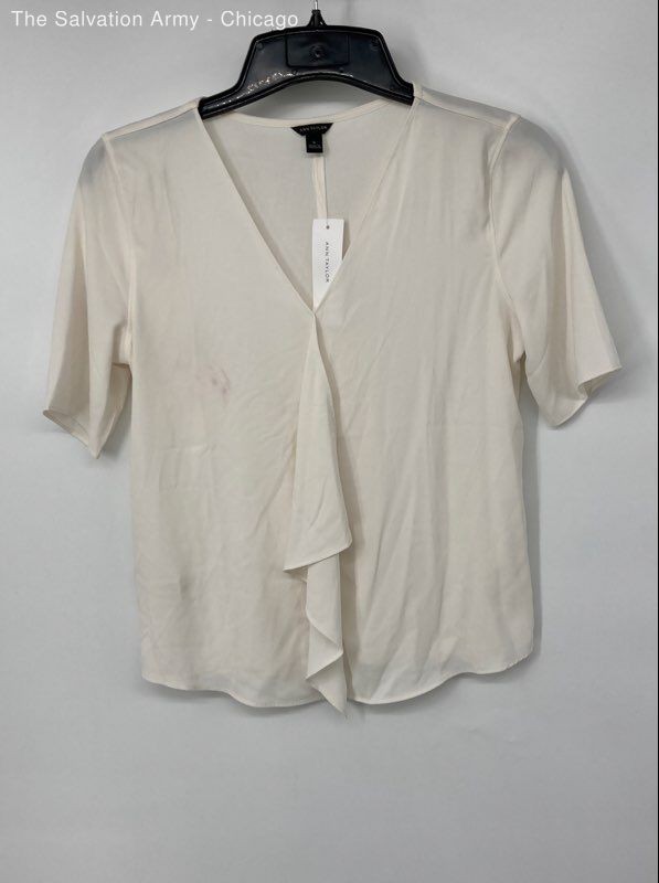 Ann Taylor Womens White Short Sleeve V-Neck Pullover Blouse Top Size Small