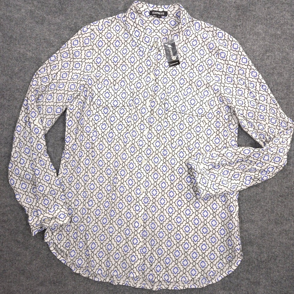 Express The City Shirt Womens M Blue Geometric Lightweight Roll Tab Sleeve NEW