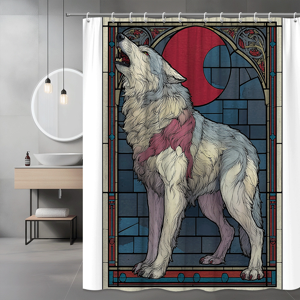 Wolf Stained Glass Style Shower Curtain Moon Design
