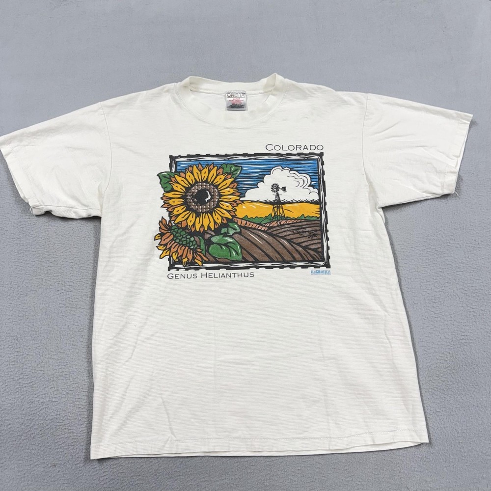 Vintage Oneita Shirt Mens Large White Colorado Sunflower Graphic 90s USA