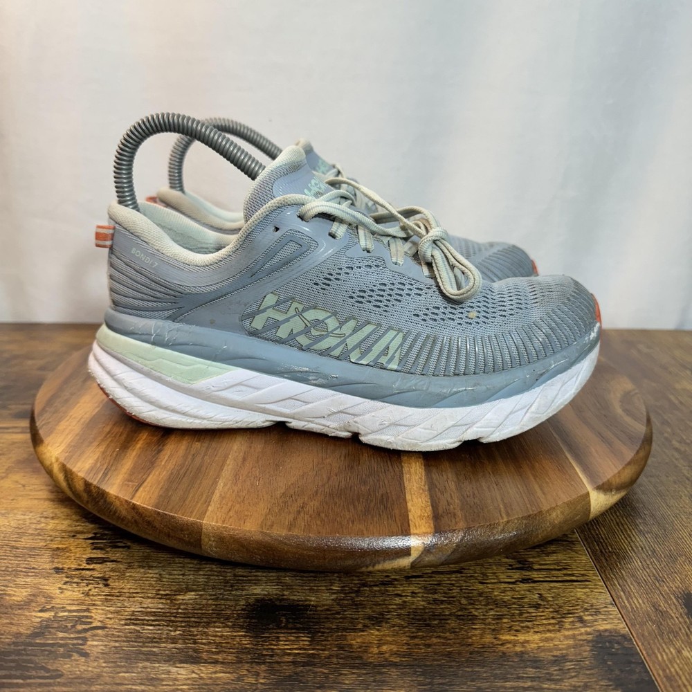 Hoka One One Bondi 7 Shoes Womens Size 6 Gray Orange Running Road Athletic