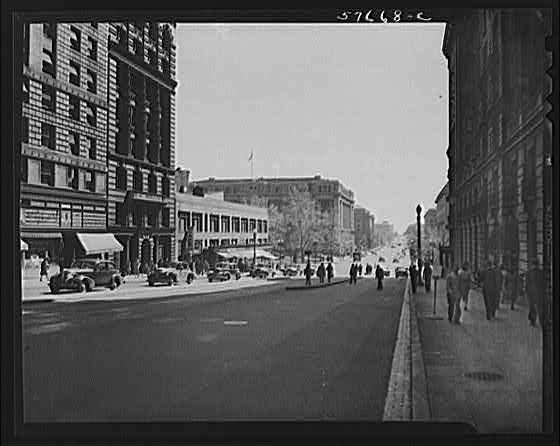 Photo:Downtown Street Scene 1910s Cars Pedestrians City Buildings