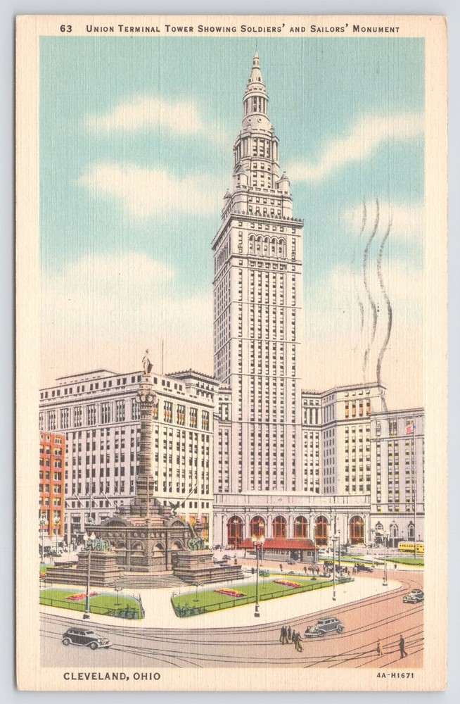 Cleveland Ohio~Union Terminal Tower~Soldiers & Sailors Monument~Linen Postcard