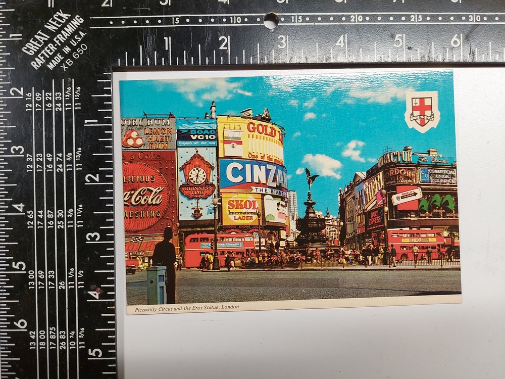 Piccadilly Circus & Eros Statue London Double Decker Bus Coca Cola Sign Postcard