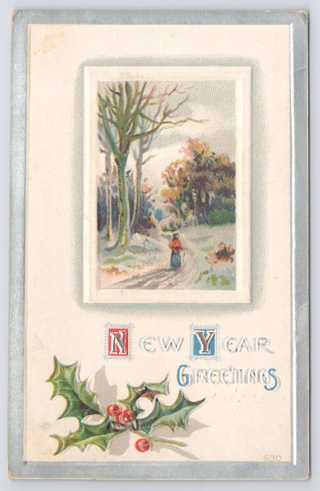 Holiday~Holly Woman On Road In Winter New Year Greeting~Vintage Postcard