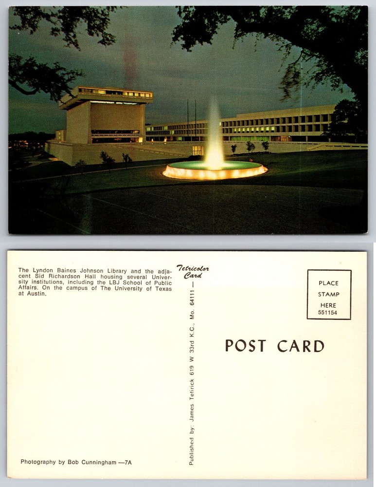 LBJ Library UT Austin Texas Night View Tetricolor Postcard Bob Cunningham Photo
