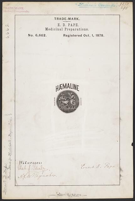 Photo:E D Pape H�maline Medicinal Preparations Trademark 1878 Registration