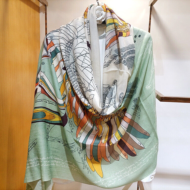 200s Pure Cashmere Scarf Wrap Shawl with Horse Print Soft Thin 78 x 39 Inches