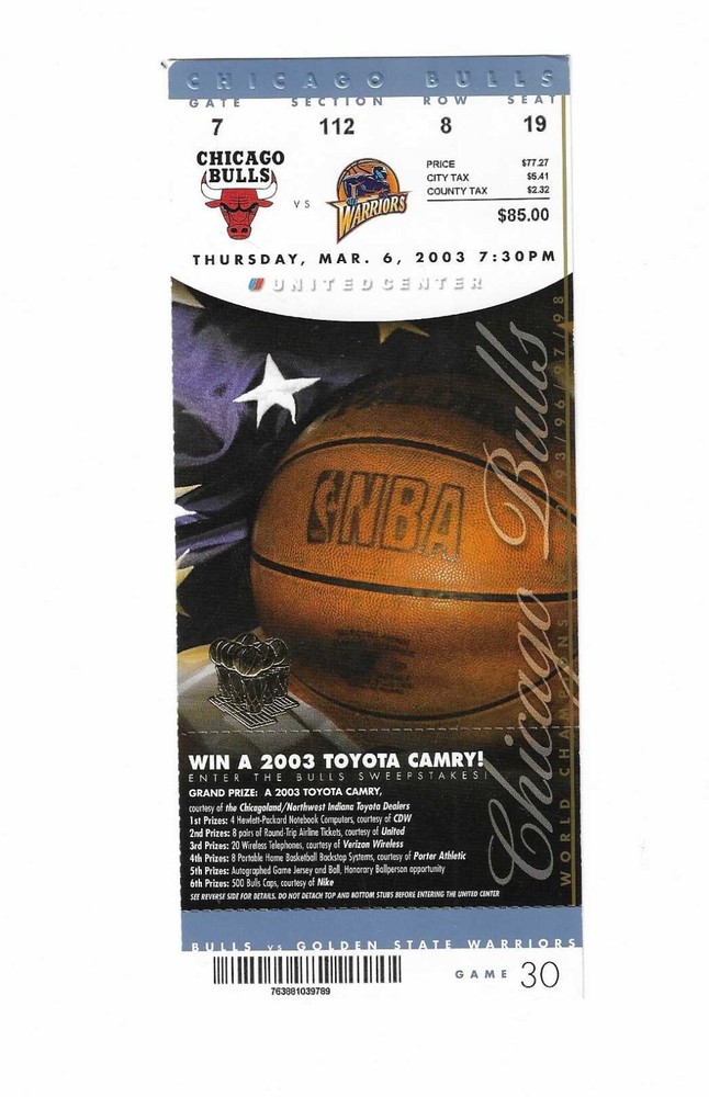 Chicago Bulls vs Golden State Warriors Unused Basketball Ticket from 3/6/2003