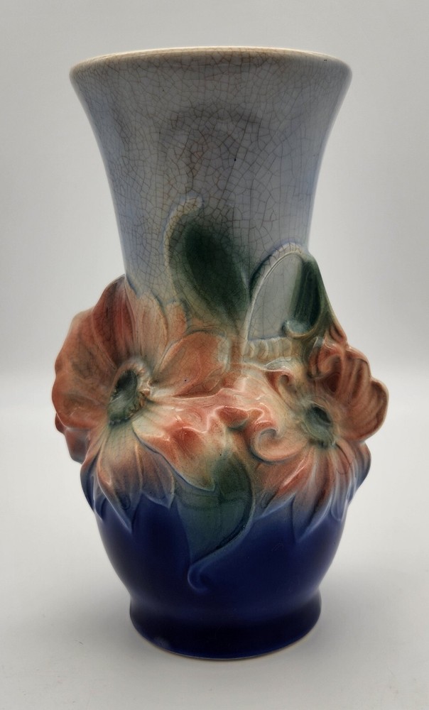 Vintage Royal Copley Blue Pink Flower Mid Century Modern Ceramic Pottery Vase 8