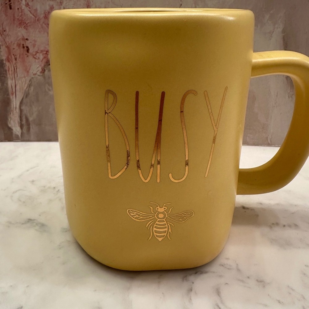 Rae Dunn Busy Bee Yellow Ceramic Coffee Mug Gold Lettering Artisan Collection