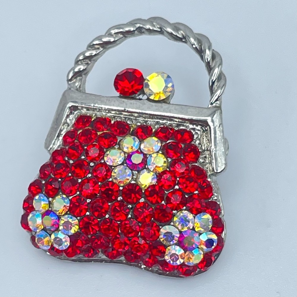 Vintage Y2K Rhinestone Handbag Brooch Pin Silver Tone Women's Classic Jewelry