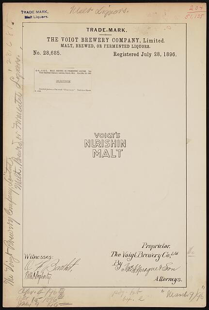 Photo:Voigt Brewery Company Trademark Registration Nurishin Malt 1896
