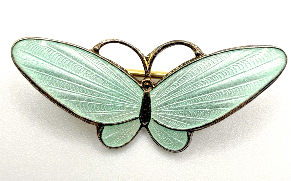 Vintage Norway Sterling Silver Guilloche Enamel Butterfly Brooch Pale Blue