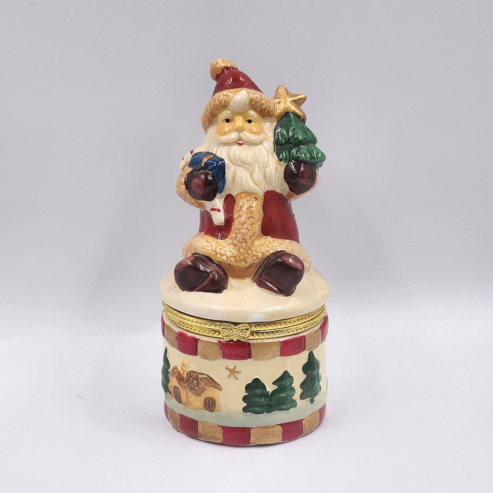 Vintage Christmas Hinged Trinket Box Santa Gift & Tree Ceramic Holiday Keepsake
