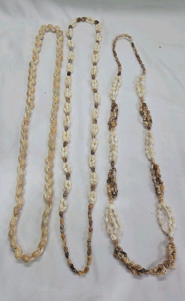 Vintage Lot of 3 - White Shell Hawaiian Style Leis w/ Cockle, Cowrie + Shells