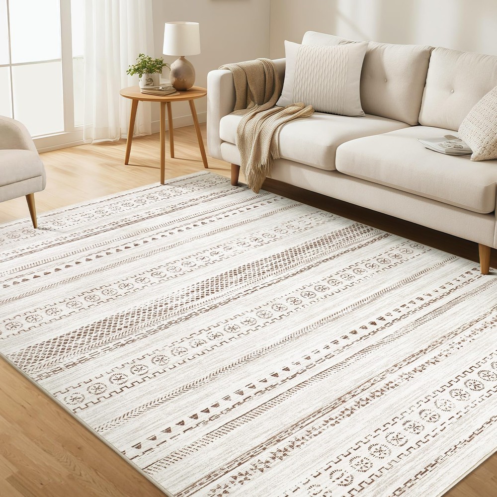 5x7 Washable Area Rug: Non Slip Soft Thin Carpet, Boho Geometric Modern Decor...