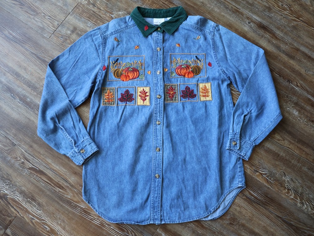 Vintage Bobbie Brooks Pumpkin Embroidered Corduroy Collar Button Shirt Womens M