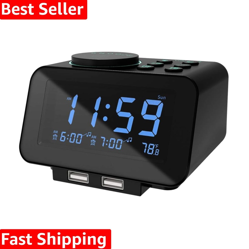 Multifunctional Alarm Clock Radio with Thermometer, USB Ports & Battery Backup