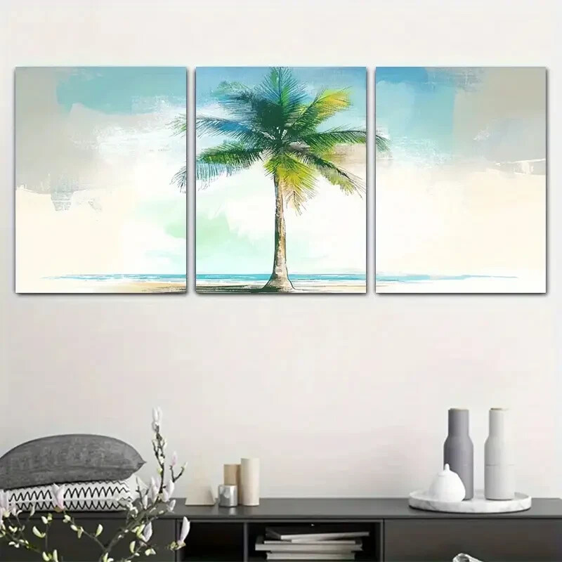 3pc Palm Tree Ocean View Metal Wall Art Ready to Hang