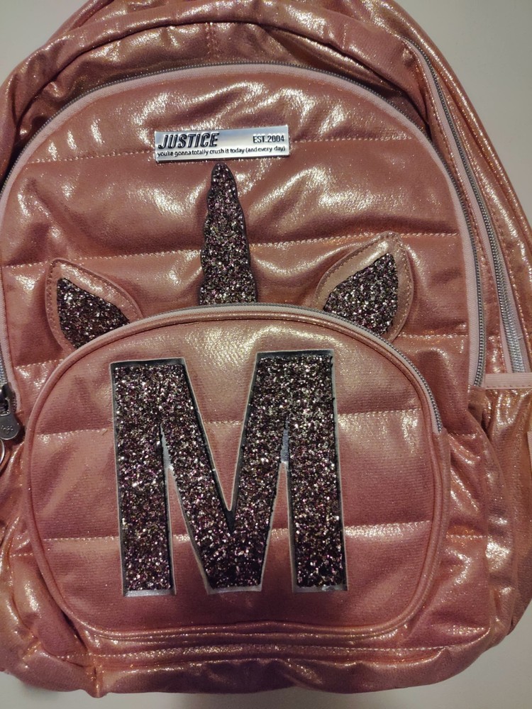 Justice Rose Gold Quilted Unicorn Initial M Backpack    Book Bag ~ New